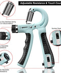 Two Pack Hand Grip Strength Trainer With Adjustable Resistance 10 To 130 Lbs showing components and adjustment features.