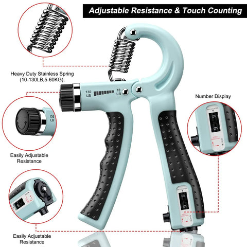 Two Pack Hand Grip Strength Trainer With Adjustable Resistance 10 To 130 Lbs showing components and adjustment features.