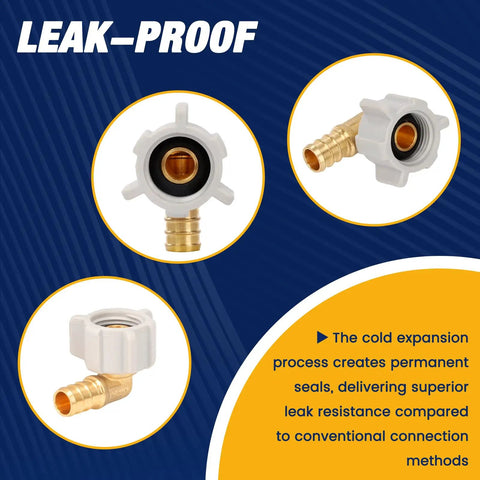 Ten Piece PEX Fittings Kit One Half Inch Female NPT Swivel Adapters, Ninety Degree Elbows, Barbed Crimp, Lead Free Brass, ASTM F1807 And NSF Certified, Leak-Proof Design For PEX Tubing leak-proof brass elbow and swivel fittings