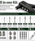 Smooth Operator Heavy Duty Hand Riveting Tool Kit Featuring 180 Aluminum Blind Rivets Across Eight Reliable Sizes For Truly Jam Free Performance On All Daily DIY Projects, displaying various rivets and accessories.