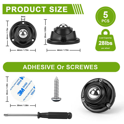 Peel And Stick Caster Wheels For Sliding Heavy Couches And Cabinets Smooth Self Adhesive Rollers For Kitchen Appliances five pack showing product size and components.