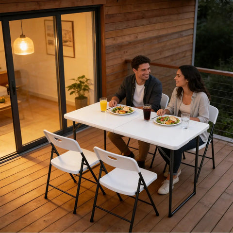 Couple dining outdoors on Heavy Duty 4 Foot Folding Table With Fold In Half Design Adjustable Height Grab And Go Portable Utility Table With Steel Legs For Indoor Outdoor Picnics Camping Dining And Parties White.