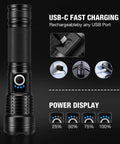Rechargeable 90000 Lumen Flashlights Two Pack With 5 Light Modes Ultra Bright LED Beasts High Powered IPX7 Waterproof Lights For Camping Hiking Home Use shown with USB-C charging port and power display