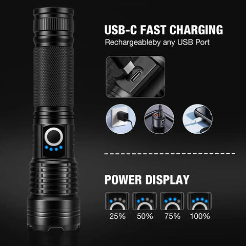 Rechargeable 90000 Lumen Flashlights Two Pack With 5 Light Modes Ultra Bright LED Beasts High Powered IPX7 Waterproof Lights For Camping Hiking Home Use shown with USB-C charging port and power display
