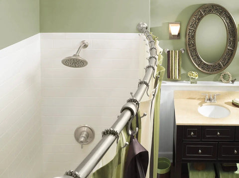 Brushed Nickel Shower Curtain Rings With Double Hooks For Bathroom Rods Smooth Glide Ball Bearing Rings No Snagging Universal Fit For Most Curtains And Rods 12 Pack shown on a curved shower rod in a modern bathroom setup.