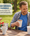 Man and child using 12 Oz Insulated Foam Cups 100 Pack Grab And Go Disposable Coffee Cups For Hot Or Cold Beverages Ideal for Parties