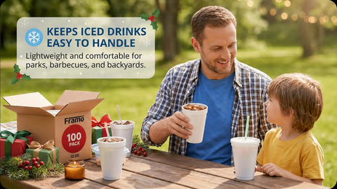 Man and child using 12 Oz Insulated Foam Cups 100 Pack Grab And Go Disposable Coffee Cups For Hot Or Cold Beverages Ideal for Parties