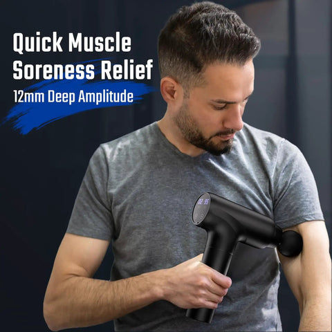 Person using Heated Massage Gun With Heat Head For Deep Tissue Muscle Relief, 20 speeds, on upper arm in a home setting.