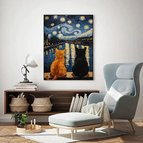 Room with Cat Diamond Painting Kit for Adults 5D Full Drill Starry Night Diamond Art Set for Beginners on wall above cozy chair.