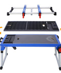 Built Tough Miter Saw Stand And Five In One Folding Portable Workbench With Telescoping Height Legs And Smooth Roll Caster Wheels For Woodworking And Masonry In Blue assembly view with detachable work surface and steel frame.