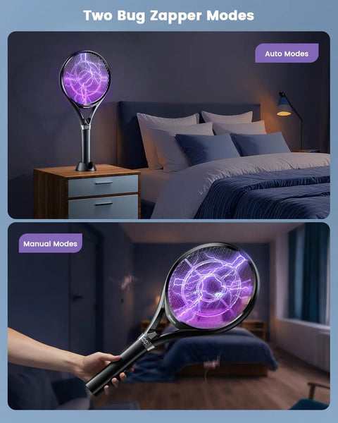 Electric Fly Swatter With LED Display And USB Rechargeable 2000mAh Battery, 2500V Bug Zapper Racket in Auto and Manual Modes in bedroom.