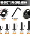 M5 T Nuts And Bolts Assortment Kit For 2020 Aluminum Extrusion with M5 screws, T-slot nuts, and M3 wrench, 260 pieces shown.