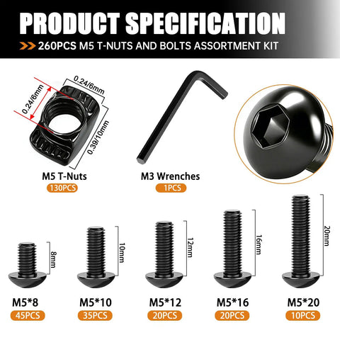 M5 T Nuts And Bolts Assortment Kit For 2020 Aluminum Extrusion with M5 screws, T-slot nuts, and M3 wrench, 260 pieces shown.