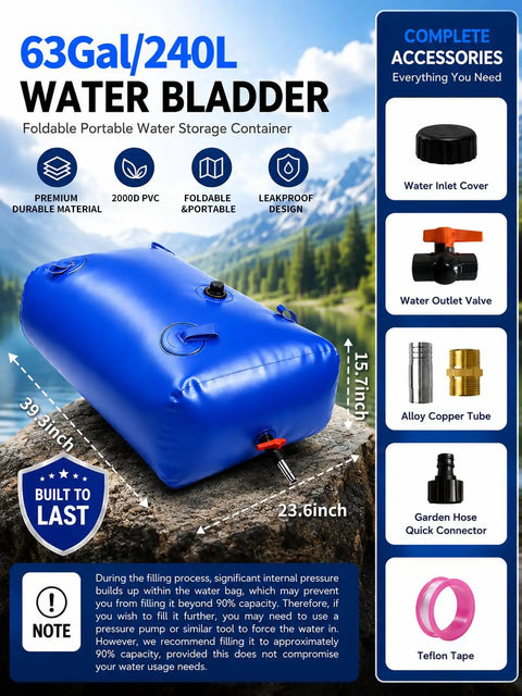 63 Gallon Water Bladder Tank Portable 2000D PVC Storage Bag Blue Heavy Duty Three Layer Tank With Reinforced Mesh Seams Leak Proof