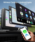 Wireless CarPlay And Android Auto Car Stereo with 7 Inch HD Touchscreen displaying apps and GPS navigation in a car