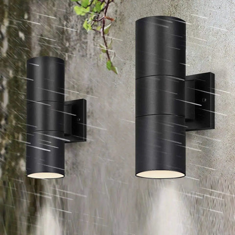 Dusk To Dawn Outdoor Wall Light With Up And Down Lighting, LED A19 Bulbs Included, Matte Black Sconce on wet wall