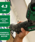 Hand using 18V MultiVolt Cordless Compact Reciprocating Saw With Top Cutting Speed One And One Eighth Inch Stroke Length And Three Thousand SPM For Tight Spaces Up To One Hundred Twenty Five Cuts Per Charge Tool Body Only, displaying features on wall, 4.3 lbs, lifetime tool warranty, powerful motor.
