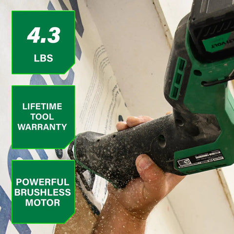 Hand using 18V MultiVolt Cordless Compact Reciprocating Saw With Top Cutting Speed One And One Eighth Inch Stroke Length And Three Thousand SPM For Tight Spaces Up To One Hundred Twenty Five Cuts Per Charge Tool Body Only, displaying features on wall, 4.3 lbs, lifetime tool warranty, powerful motor.