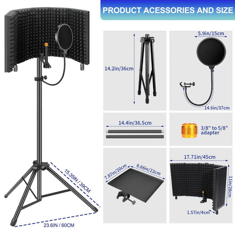 Pro Grade Microphone Isolation Shield With Pop Filter And Tripod Stand showing dimensions and components