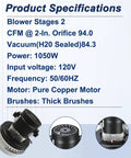 Two-stage 120V vacuum blower motor (5.7-inch) with gasket; 1050W, pure copper, shown with motor assembly and fan.