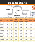Specifications chart for Workhorse Six Pack 3 Inch Thickened 304 Stainless Steel U Clip Pipe Brackets sizes and dimensions.