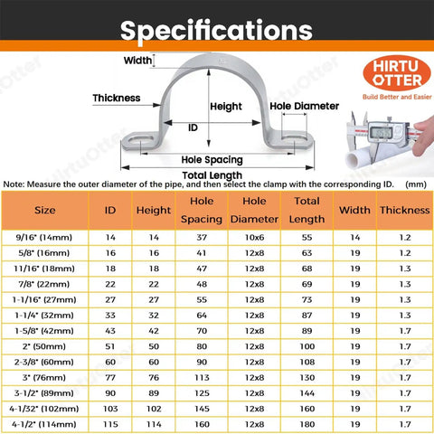 Specifications chart for Workhorse Six Pack 3 Inch Thickened 304 Stainless Steel U Clip Pipe Brackets sizes and dimensions.