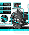 Shop Grade Heavy Duty Electric Circular Saw With 1500W Motor And 185mm Blade, showing adjustable guard and safety features.
