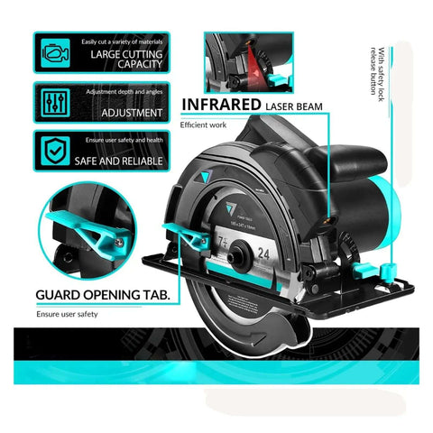 Shop Grade Heavy Duty Electric Circular Saw With 1500W Motor And 185mm Blade, showing adjustable guard and safety features.