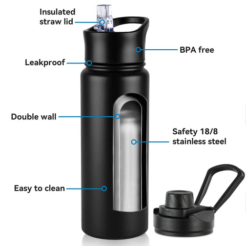 24oz Insulated Water Bottle Built Tough With Premium Stainless Steel And Double Wall Vacuum Keeping Drinks Icy Cold Through Any Adventure Featuring Chug Ready Leakproof Straw And Wide Mouth Lids For The Daily Grind Or Trail Hikes In Smooth Black, showing insulated straw lid and double wall design.