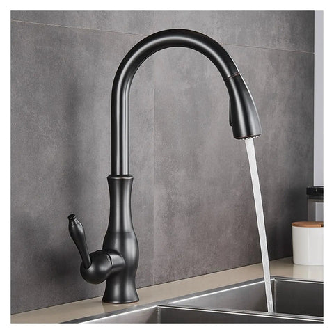 GAZOGJ Black Kitchen Faucet Pull Down Sink Mixer Tap 360°Rotation Single Lever with water flow in matte black design.