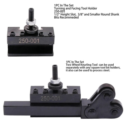 Two tool holders of the 7Pcs Wedge Type Quick Change Tool Post Set For Mini Lathe 6 To 9 Inch Swing Steel Construction, labeled 250-001.