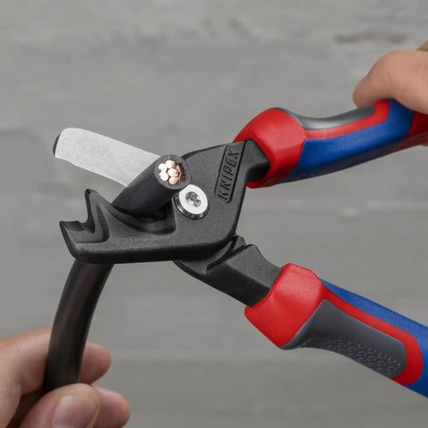 StepCut XL Cable Shears 9 Inch High Leverage For Thick Cables With Easy Grip Comfort Handles cutting copper cable.