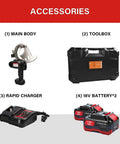 Accessories including main body, toolbox, rapid charger, and two 4Ah batteries for Heavy Duty 4 Inch Electric Battery Powered Ratcheting Cable Cutters.