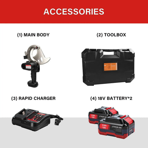 Accessories including main body, toolbox, rapid charger, and two 4Ah batteries for Heavy Duty 4 Inch Electric Battery Powered Ratcheting Cable Cutters.