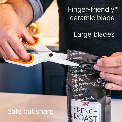 Person using Ceramic Safety Scissors With Finger Friendly Edge And Rounded Tips Heavy Duty Office Shears to open coffee bag.