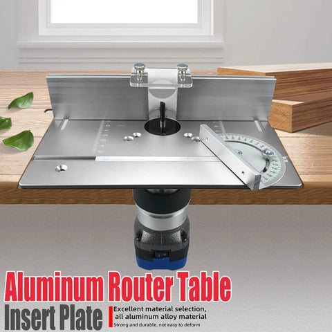 Heavy Duty Aluminum Router Lift Kit Quick Height Swap Insert Plate For Router Tables Zero Play Swivel Milling Base top view of aluminum insert plate with router attached