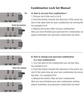 Manual showing steps to set and change combination lock, featuring diagrams of lock and instructions in English text.