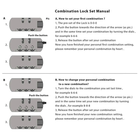 Manual showing steps to set and change combination lock, featuring diagrams of lock and instructions in English text.
