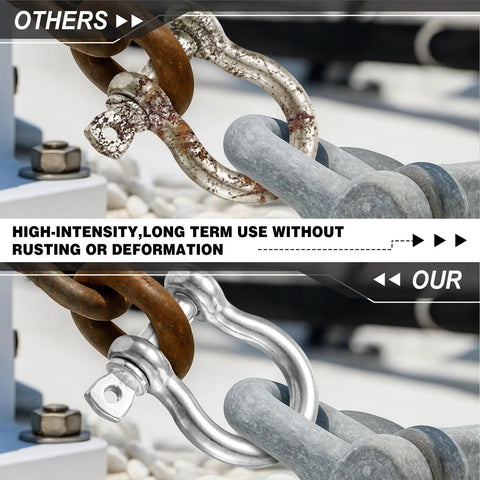 Comparison of two types of 1/4 Inch D Ring Shackles, showcasing rusted versus shiny 304 stainless steel durability.