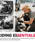 Man using Ride Ready 8 Piece Motorcycle Tool Kit With Storage Bag Includes Wrenches Screwdriver Pliers Spark Plug Socket Set For Dirt Bikes And Street Bikes Portable D I Y Repair Gear to fix motorcycle on roadside.