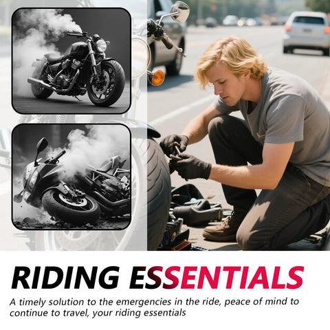 Man using Ride Ready 8 Piece Motorcycle Tool Kit With Storage Bag Includes Wrenches Screwdriver Pliers Spark Plug Socket Set For Dirt Bikes And Street Bikes Portable D I Y Repair Gear to fix motorcycle on roadside.