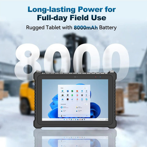 Built Like A Tank 10.1 Inch Rugged Tablet PC With Windows 11 Pro And Intel Core I5 16Gb Ram 128Gb Storage Ip67 Waterproof Screen Reads Clear In Direct Sunlight showing 8000mAh battery power.
