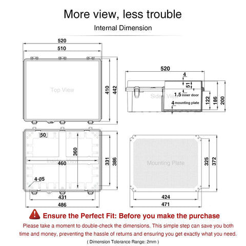 Technical diagram of Outdoor IP67 Weatherproof Junction Box with dimensions and inner door view