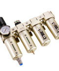 All-In-One Air Compressor Filter Regulator with four-stage filtration and desiccant dryer, three-quarters-inch NPT, auto drain