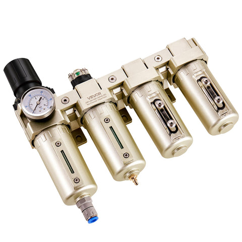 All-In-One Air Compressor Filter Regulator with four-stage filtration and desiccant dryer, three-quarters-inch NPT, auto drain