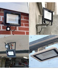 Led Pir Motion Sensor Led Flood Light Ac220 100W 50W 30W Outdoor Ip66 Waterproof Projector Spotlight Led Exterior Street Light for Court,Garden,Warehouse，30w-30，30w-3000K WARM LIGHT_WHITE SHELL mounted on various walls.