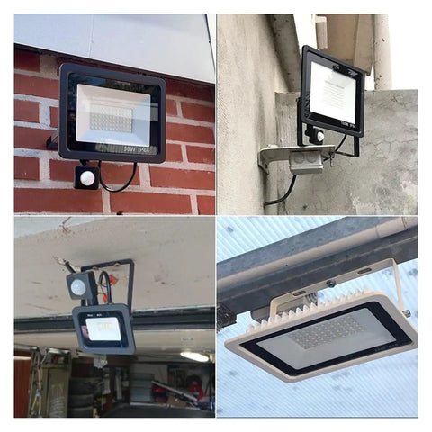 Led Pir Motion Sensor Led Flood Light Ac220 100W 50W 30W Outdoor Ip66 Waterproof Projector Spotlight Led Exterior Street Light for Court,Garden,Warehouse，30w-30，30w-3000K WARM LIGHT_WHITE SHELL mounted on various walls.