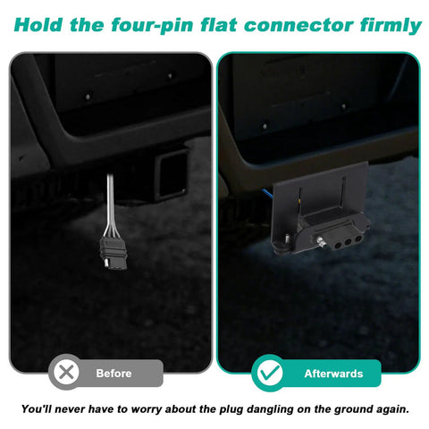 Vehicle Side Wire Harness Mounting Bracket Kit For 4 Pin Trailer Plug And 4-Way Flat Connector, before and after installation