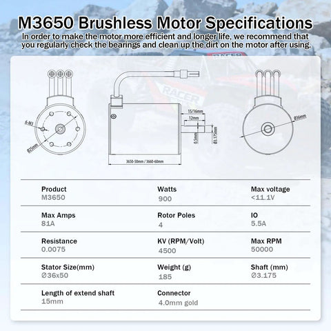 Diagram of 3650 4500KV Brushless RC Motor High Speed Waterproof Upgrade For 1 To 10 RC Cars And Trucks With specifications.
