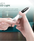 Close-up of No Sweat Cordless Electric Nail File Drill Kit With Salon Grade Manicure Pedicure Set for cuticle care with LED light.